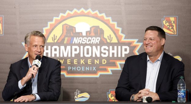 AVONDALE, ARIZONA - NOVEMBER 04: NASCAR President Steve Phelps (L) and NASCAR Executive Vice President Steve O'Donnell speak to the media during the NASCAR annual State of the Sport address at Phoenix Raceway on November 04, 2022 in Avondale, Arizona. (Photo by Jared C. Tilton/Getty Images) | Getty Images