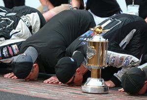 INDIANAPOLIS, INDIANA - SEPTEMBER 08: Kevin Harvick, driver of the #4 Mobil 1 Ford, celebrates with team owner, Tony Stewart, after winning the Monster Energy NASCAR Cup Series Big Machine Vodka 400 at the Brickyard at Indianapolis Motor Speedway on September 08, 2019 in Indianapolis, Indiana. (Photo by Matt Sullivan/Getty Images) | Getty Images