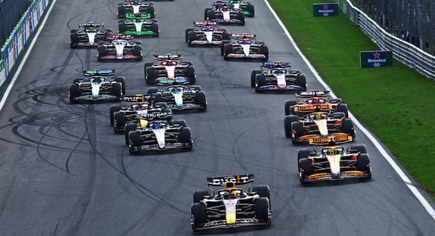 ZANDVOORT, NETHERLANDS - AUGUST 25: Max Verstappen of the Netherlands driving the (1) Oracle Red Bull Racing RB20 leads Lando Norris of Great Britain driving the (4) McLaren MCL38 Mercedes at the start during the F1 Grand Prix of Netherlands at Circuit Zandvoort on August 25, 2024 in Zandvoort, Netherlands.  (Photo by Mark Thompson/Getty Images) | Getty Images