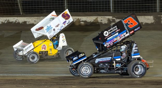 Derek Hagar #9 passes Jordon Mallett #3 for the lead during the World Short Track Challenge A Main at Riverside International Speedway on Oct. 19, 2024 (Wes Hale Photo)