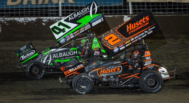 Carson Macedo #41 and David Gravel #2 during the World of Outlaws Sprint Car race on Oct 25, 2024 at Riverside International Speedway in West Memphis, AR (Wes Hale/Special to The Daily Memphian)