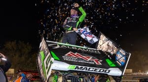 Carson Macedo #41 celebrates after winning the feature event of the World of Outlaws Sprint Car race on Oct 25, 2024 at Riverside International Speedway in West Memphis, AR (Wes Hale/Special to The Daily Memphian)