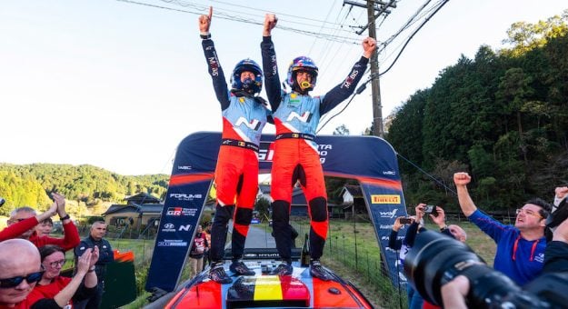 Thierry Neuville (BEL) Martijn Wydaeghe (BEL) Of team HYUNDAI SHELL MOBIS WORLD RALLY TEAM celebrate on the podium after winning the FIA World Rally  Drivers  and Co-Drivers titles at the final round the FIA World rally  Championship season during the World Rally Championship in Toyota City, Japan on 24.11.2024 // Jaanus Ree / Red Bull Content Pool // SI202411240301 // Usage for editorial use only //