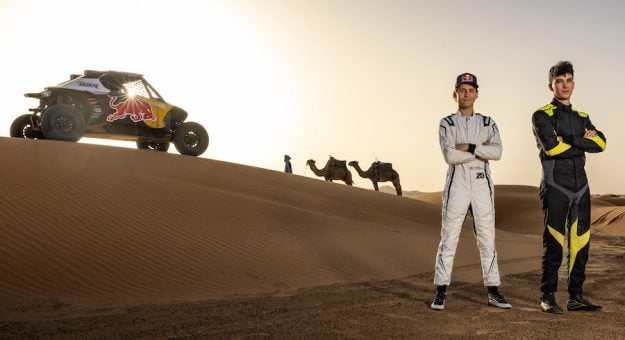 America’s Corbin Leaverton and Portugal’s Gonçalo Guerreiro from Red Bull Off-Road Junior Team, which will participate in Rally Dakar 2025, pose for a portrait in Morocco on September 28, 2024. // Kin Marcin / Red Bull Content Pool // SI202411280154 // Usage for editorial use only //